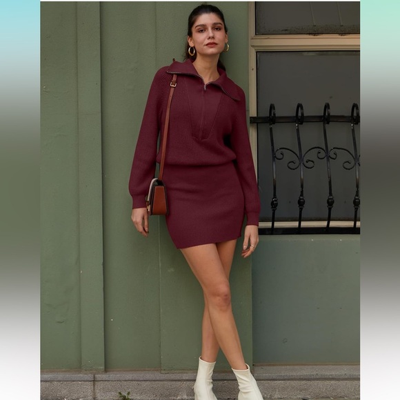 NWT DEEP SELF Long Sleeve Bodycon Sweater Fall Half Zip V Neck Mini Dress, SizeS - Picture 5 of 13